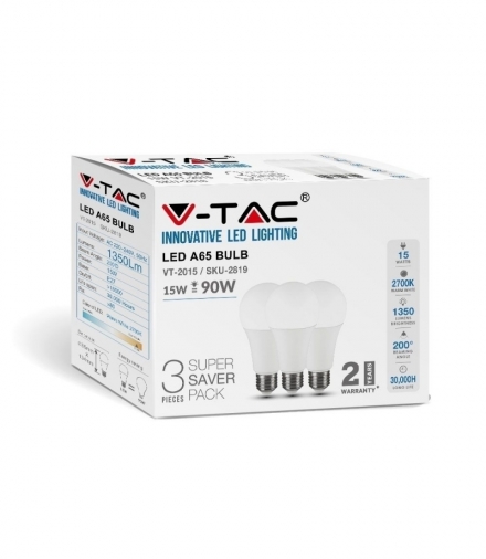 Żarówka LED E27 15W A65, Ciepła, Barwa:2700K Trzonek: E27, Opakowanie: 3szt. V-TAC 2819
