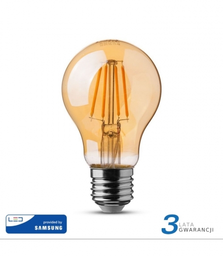 Żarówka LED E27 6W A60 Filament, Klosz Bursztynowy, Chip SAMSUNG, Super Ciepła (barwa zachód słońca), Barwa:2200K, Trzonek:E27 V-TAC 286