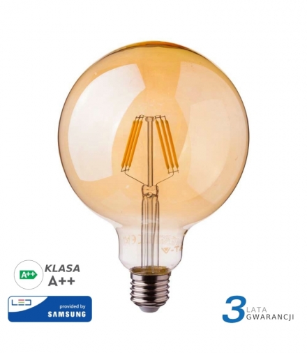 Żarówka LED E27 6W G125 Filament, Klosz Bursztynowy, Chip SAMSUNG, Super Ciepła (barwa zachód słońca), Barwa:2200K, Trzonek:E27 V-TAC 291