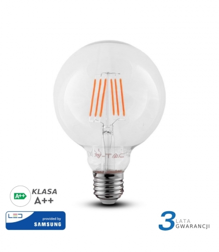 Żarówka LED E27 6W G125 Filament, Chip SAMSUNG, Ciepła, Barwa:2700K, Trzonek:E27 V-TAC 292
