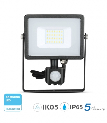 Projektor LED V-TAC 20W SAMSUNG CHIP Czujnik Ruchu Funkcja Cut-OFF Czarny VT-20-S 3000K 1600lm 5 Lat Gwarancji
