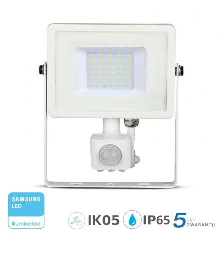 Projektor LED V-TAC 30W SAMSUNG CHIP Czujnik Ruchu Funkcja Cut-OFF Biały VT-30-S 6400K 2400lm 5 Lat Gwarancji