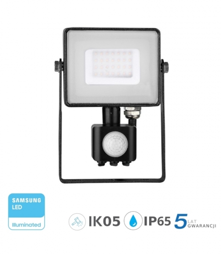 Projektor LED V-TAC 30W SAMSUNG CHIP Czujnik Ruchu Funkcja Cut-OFF Czarny VT-30-S 6400K 2400lm 5 Lat Gwarancji