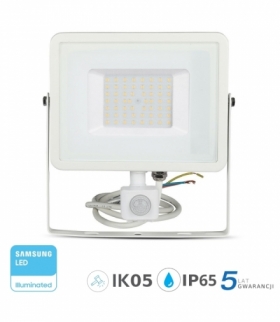 Projektor LED V-TAC 50W SAMSUNG CHIP Czujnik Ruchu Funkcja Cut-OFF Biały VT-50-S 6400K 4000lm 5 Lat Gwarancji