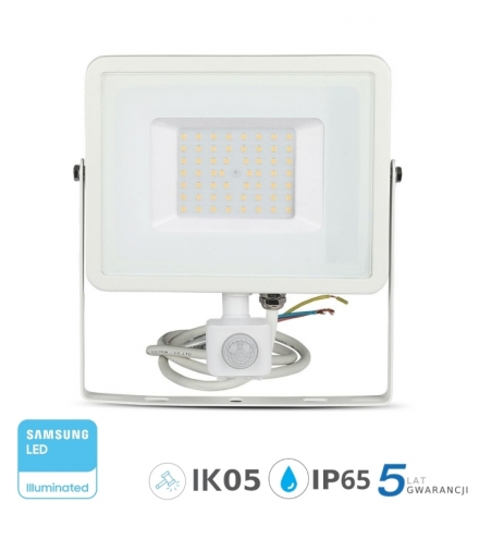 Projektor LED V-TAC 50W SAMSUNG CHIP Czujnik Ruchu Funkcja Cut-OFF Biały VT-50-S 6400K 4000lm 5 Lat Gwarancji
