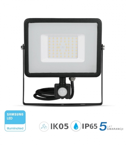 Projektor LED V-TAC 50W SAMSUNG CHIP Czujnik Ruchu Funkcja Cut-OFF Czarny VT-50-S 3000K 4000lm 5 Lat Gwarancji