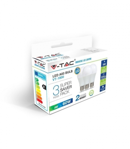 Żarówka LED E27 9W A60, Neutralna, Barwa:4000K, Trzonek:E27, 3 . V-TAC 7241