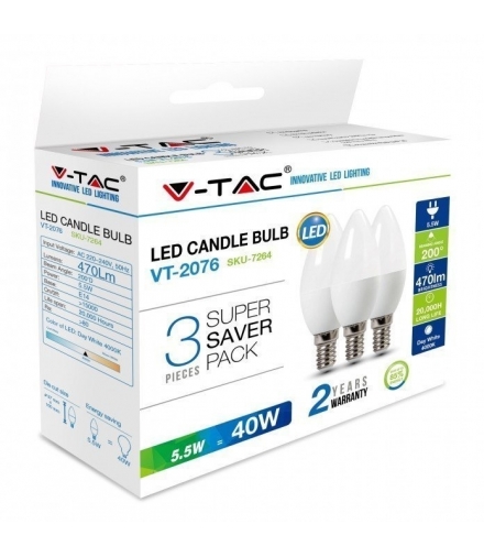 Żarówka LED E14 5.5W C35, Neutralna, Barwa:4000K, Opakowanie: 3szt., Trzonek:E14 V-TAC 7264