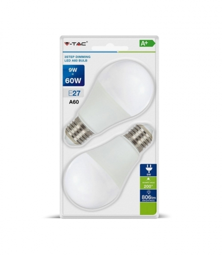 Żarówka LED E27 9W A60 , Zimna, Barwa:6400K, Ściemniana - 3 stopnie, Blister 2szt., Trzonek:E27 V-TAC 7290
