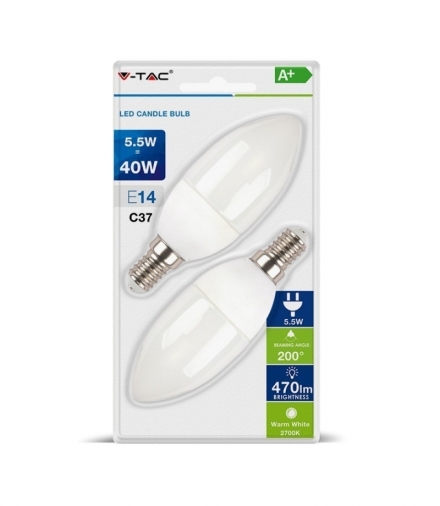 Żarówka LED E14 5.5W C35, Ciepła, Barwa:2700K, Blister 2 szt., Trzonek E14 V-TAC 7291