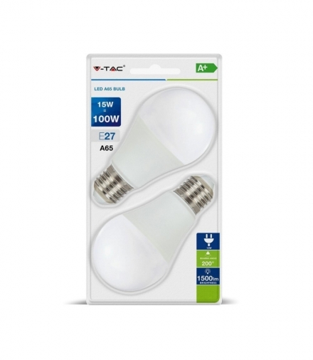 Żarówka LED E27 15W A65, Ciepła, Barwa:2700K, Blister 2 szt., Trzonek E27 V-TAC 7300