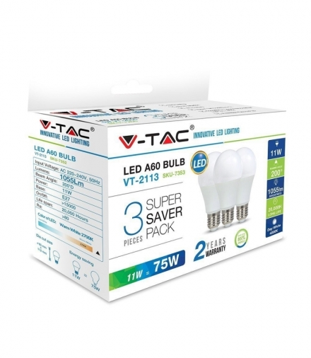 Żarówka LED E27 11W A60, Neutralna, Barwa:4000K, Trzonek:E27, Opakowanie: 3szt. V-TAC 7353