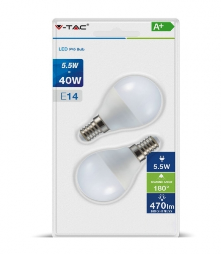 Żarówka LED E14 5.5W P45, Ciepła, Barwa:2700K, Trzonek:E14 2PC BLISTER PACK V-TAC 7355