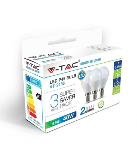 Żarówka LED E14 5.5W P45, Neutralna, Barwa:4000K/ Opakowanie: 3szt., Trzonek: E14 V-TAC 7358