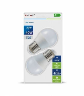 Żarówka LED E27 5.5W G45, Ciepła, Barwa:2700K/ Blister 2 szt., Trzonek: E27 V-TAC 7360