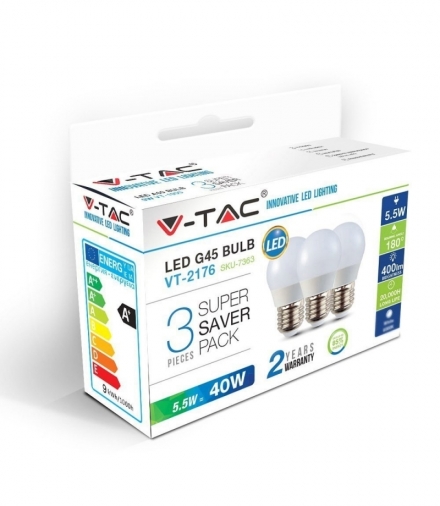 Żarówka LED E27 5.5W G45, Ciepła, Barwa:2700K/ Opakowanie: 3szt., Trzonek: E27 V-TAC 7362