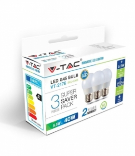 Żarówka LED E27 5.5W G45, Zimna, Barwa:6400K/ Opakowanie: 3szt., Trzonek: E27 V-TAC 7364