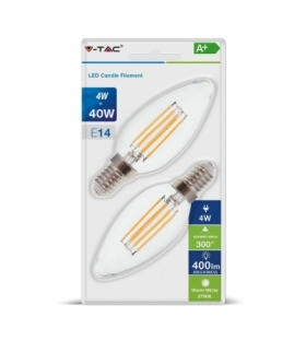 Żarówka LED E14 4W C35 Filament, Klosz Transparentny, Ciepła, Barwa:2700K, Trzonek:E14, Opk. Blister V-TAC 7365