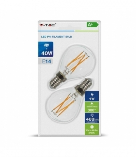 Żarówka LED E14 4W P45 Filament, Klosz Transparentny, Ciepła, Barwa:2700K, Trzonek:E14, Opk. Blister V-TAC 7366