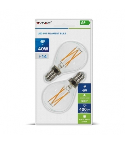 Żarówka LED E14 4W P45 Filament, Klosz Transparentny, Ciepła, Barwa:2700K, Trzonek:E14, Opk. Blister V-TAC 7366