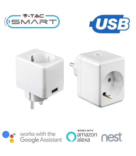 Gniazdo Adapter Przelotka z USB WiFi V-TAC Amazon Alexa, Google Home, Nest VT-5002