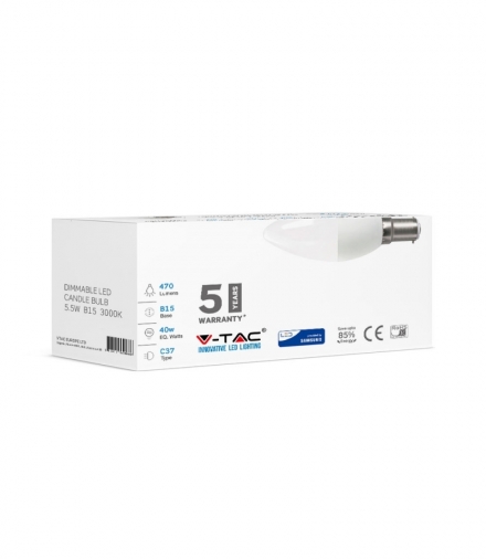 VT-299 5.5W C35 Żarówka LED, Chip SAMSUNG, Barwa 3000K, Trzonek B15, Opakowanie 12 szt.