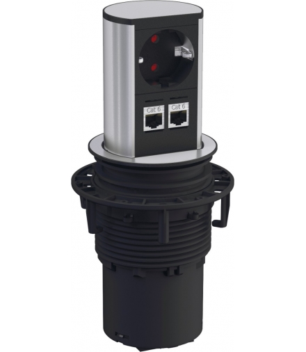 Gniazdo do blatu schuko + 2 gniazda cat 6a RJ45 Elevator Chrom Mat