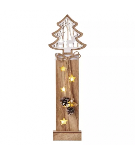 Drewniany słupek z choinką, 48 cm, 2x AA, ciepła biel, IP20, timer DCTW03