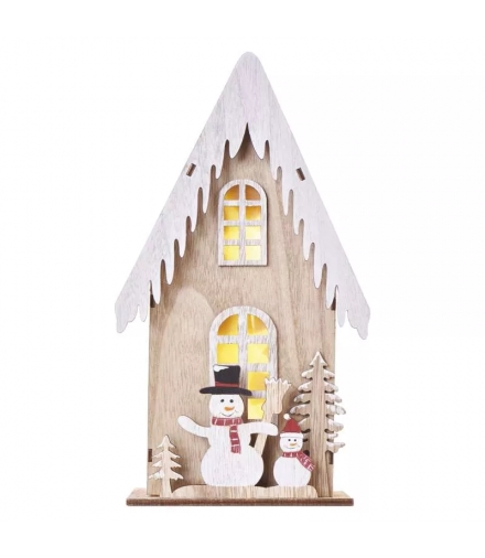 Drewniany domek z bałwankami, 28 cm, 2x AA, ciepła biel, IP20, timer DCWW18