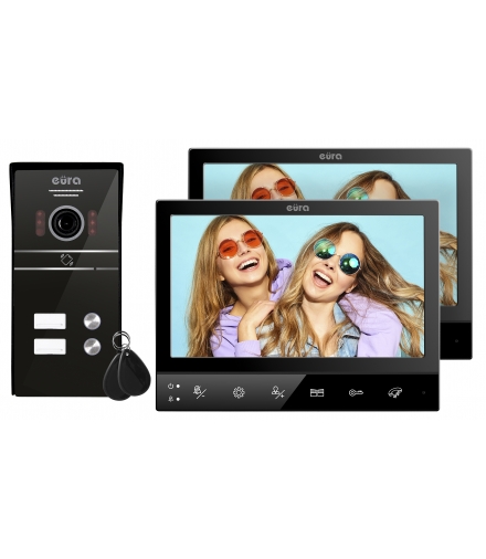 WIDEODOMOFON ''EURA'' VDP-80C5 - dwurodzinny, czarny, 2x LCD 7'', FullHD, obsługa 2 wejść, kamera 1080p., czytnik zbliżeniowy
