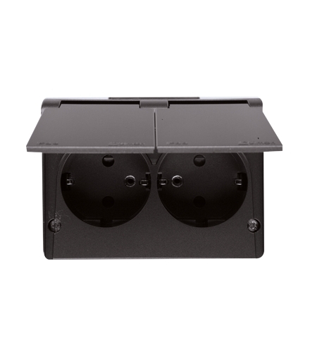 Gniazdo podwójne Schuko natynkowe bryzgoszczelne IP44 z przesłonami wersja skandynawska 16A, 250V, zaciski śrubowe, czarny EGSZ2