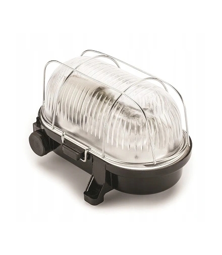 Oprawa kanałowa OVAL-7040B, E27, 60W, czarna-bakelit, klosz przeźroczysty-szkło, IP54, siatka metalowa