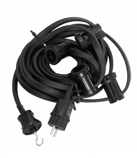 GIRLANDA IP20 CZARNA 21 metrów, 20 oprawek E27 + HAK KOŃCOWY