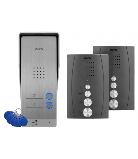 DOMOFON EURA ADP-62A3 - grafitowy, dwurodzinny, głośnomówiący, obsługa 2 wejść, czytnik RFID