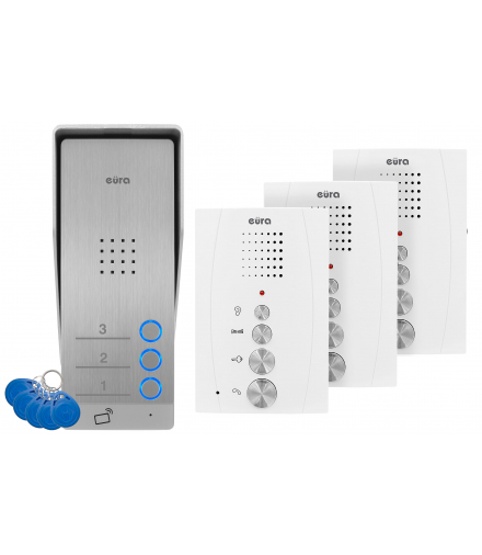 DOMOFON EURA ADP-63A3 - biały, trójrodzinny, głośnomówiący, obsługa 2 wejść, czytnik RFID