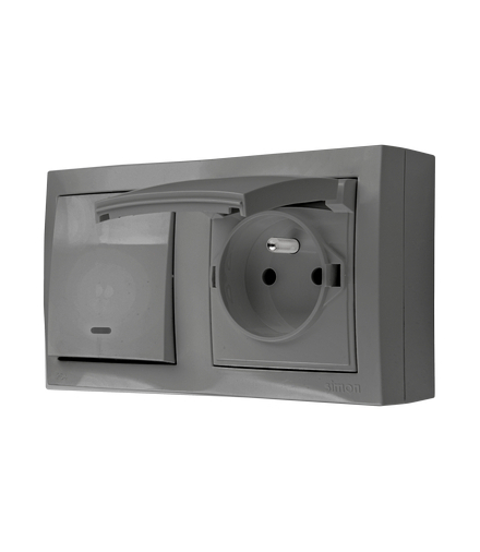 Gniazdo pojedyncze IP44 klapka w kolorze pokrywy łącznik jednobiegunowy podświetlany szary 16A 10AX ACW1LGZ1C/16 AquaClick