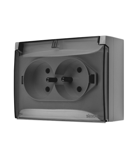 Gniazdo podwójne kompaktowe z uziemieniem IP44 z przesłonami torów prądowych klapka transparentna szary 16A ACGZ2Z/16A AquaClick