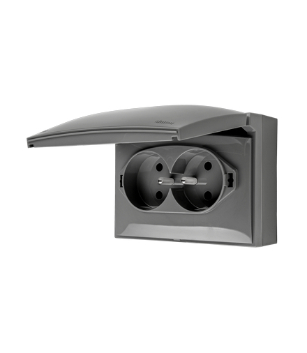 Gniazdo podwójne kompaktowe z uziemieniem w wersji IP44 klapka w kolorze pokrywy szary 16A ACGZ2/16 AquaClick