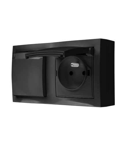 Gniazdo podwójne z uziemieniem IP44 z przesłonami torów prądowych klapka w kolorze pokrywy czarny mat 16A ACGZ21CZ/49 AquaClick