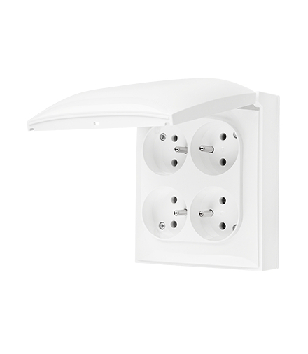 Gniazdo poczwórne z uziemieniem IP44 z przesłonami torów prądowych klapka w kolorze pokrywy biały 16A ACGZ4Z/11 AquaClick