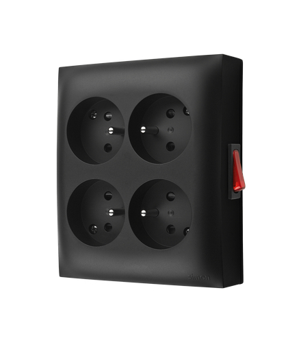 Gniazdo poczwórne z uziemieniem w wersji IP20 z przesłonami torów z wbudowanym wyłącznikiem czarny mat 16A ACGZN4W1/49 AquaClick