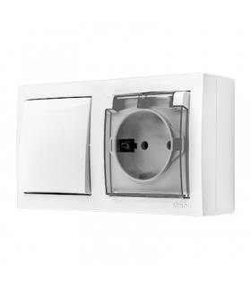 Łącznik jednobiegunowy bryzgoszczelny gniazdo pojedyncze Schuko IP44 klapka transparentna biały 16A 10AX ACW1GSZ1C/11A AquaClick