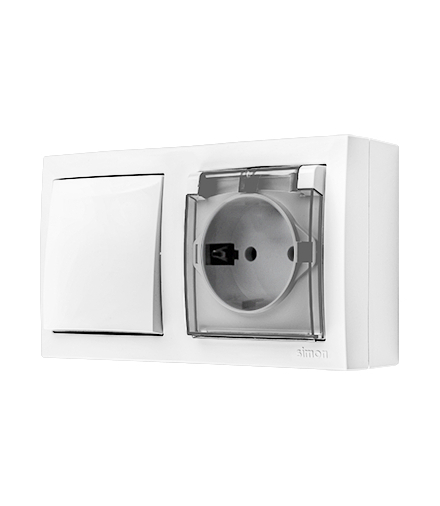 Łącznik jednobiegunowy bryzgoszczelny gniazdo pojedyncze Schuko IP44 klapka transparentna biały 16A 10AX ACW1GSZ1C/11A AquaClick