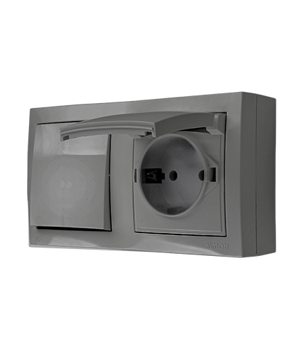 Łącznik jednobiegunowy bryzgoszczelny gniazdo pojedyncze Schuko IP44 klapka w kolorze szary 16A 10AX ACW1GSZ1C/16 AquaClick