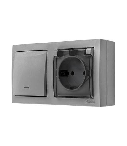 Łącznik jednobiegunowy podświetlany gniazdo pojedyncze Schuko IP44 klapka transparentna szary 16A 10AX ACW1LGSZ1C/16A AquaClick