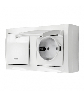 Łącznik jednobiegunowy podświetlany gniazdo pojedyncze Schuko IP44 klapka w kolorze biały 16A 10AX ACW1LGSZ1C/11 AquaClick