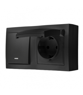 Łącznik jednobiegunowy podświetlany gniazdo pojedyncze Schuko IP44 klapka w kolorze pokrywy czarny mat ACW1LGSZ1C/49 AquaClick