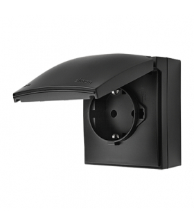 Gniazdo pojedyncze Schuko z przesłonami torów prądowych IP44 klapka w kolorze pokrywy czarny mat 16A ACGSZ1CZ/49 AquaClick