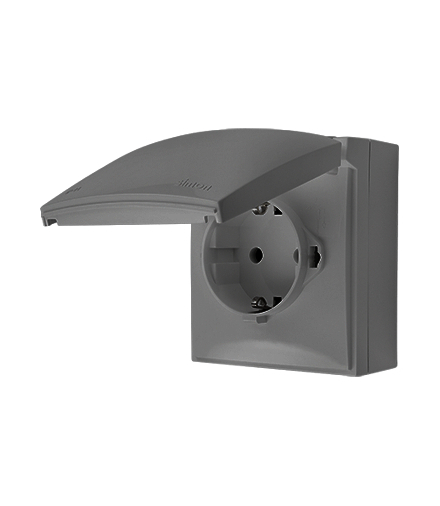 Gniazdo pojedyncze Schuko z przesłonami torów prądowych IP44 klapka w kolorze pokrywy szary 16A ACGSZ1CZ/16 AquaClick