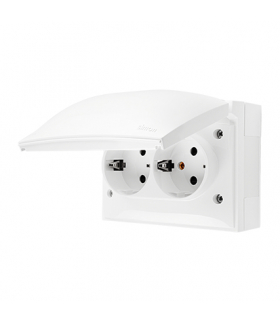 Gniazdo podwójne Schuko przesłony torów prądowych IP44 klapka w kolorze pokrywy biały 16A ACGSZ2Z/11 AquaClick